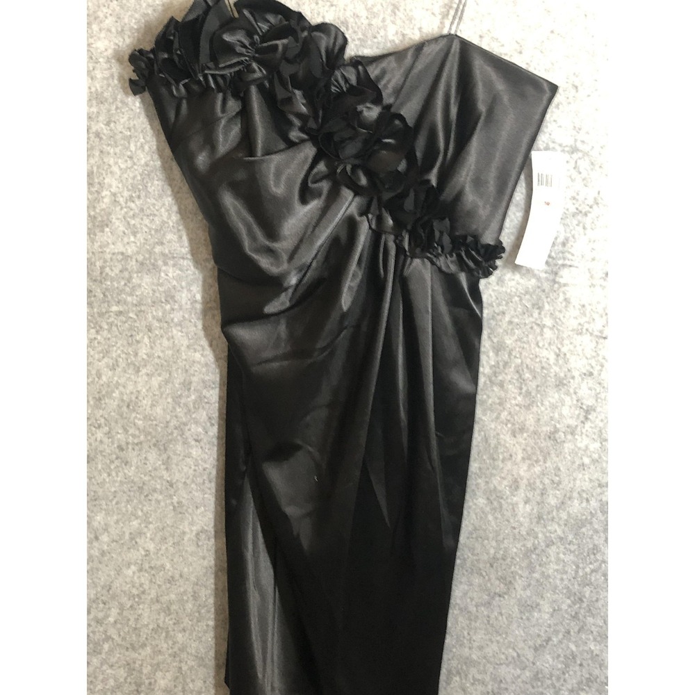 London Times Dress Womens 10 Black One Shoulder Satin Sheath Ruffle Party